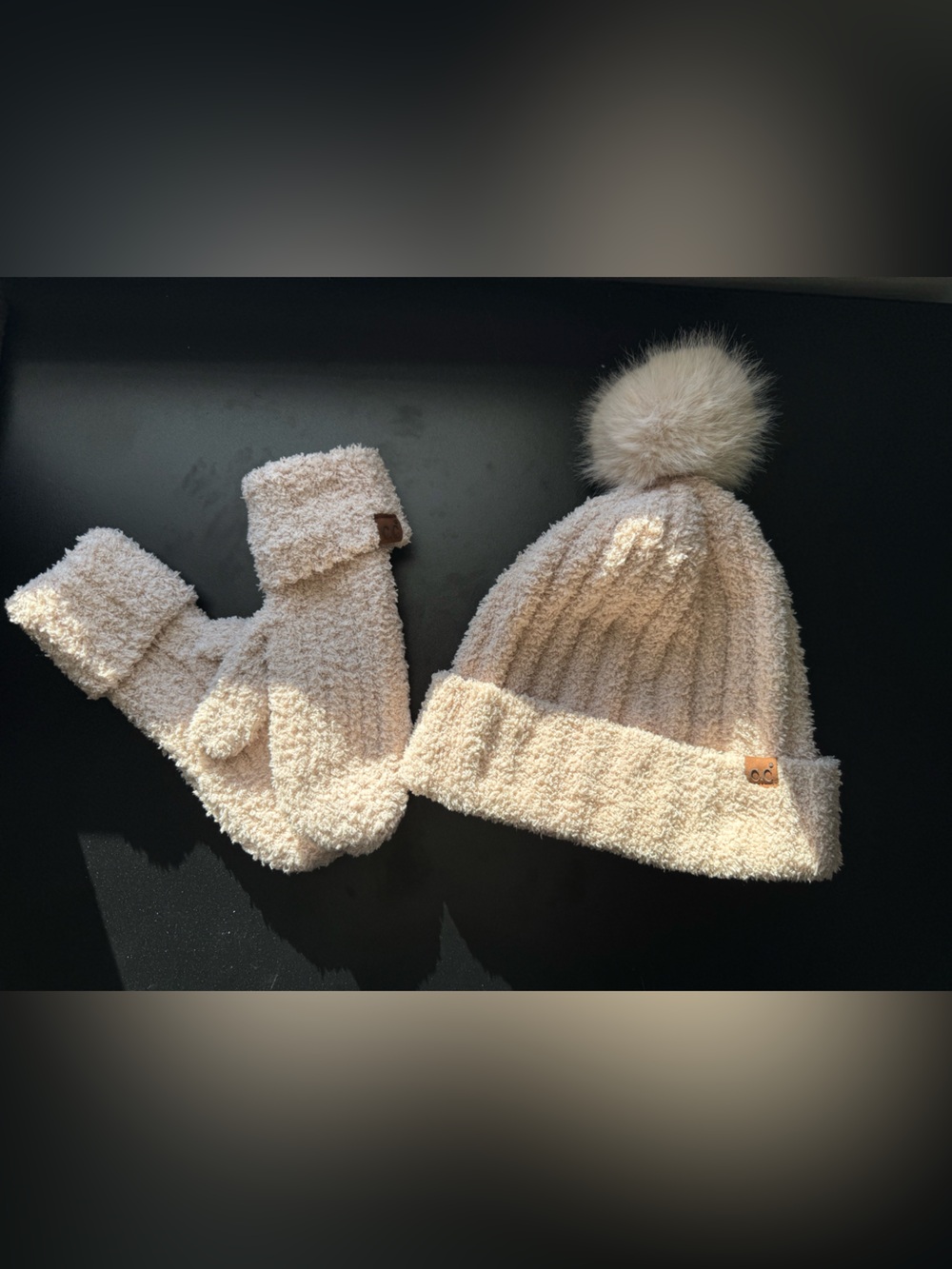 Cozy Cream Pom Beanie and Mittens Set